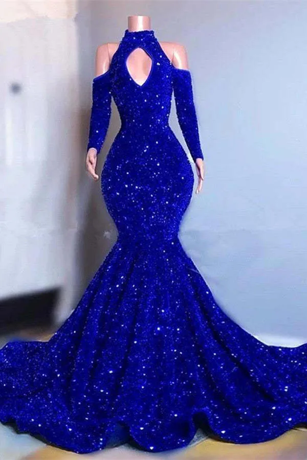 Robe de bal sirène bleu roi à manches longues, col montant et paillettes éblouissantes