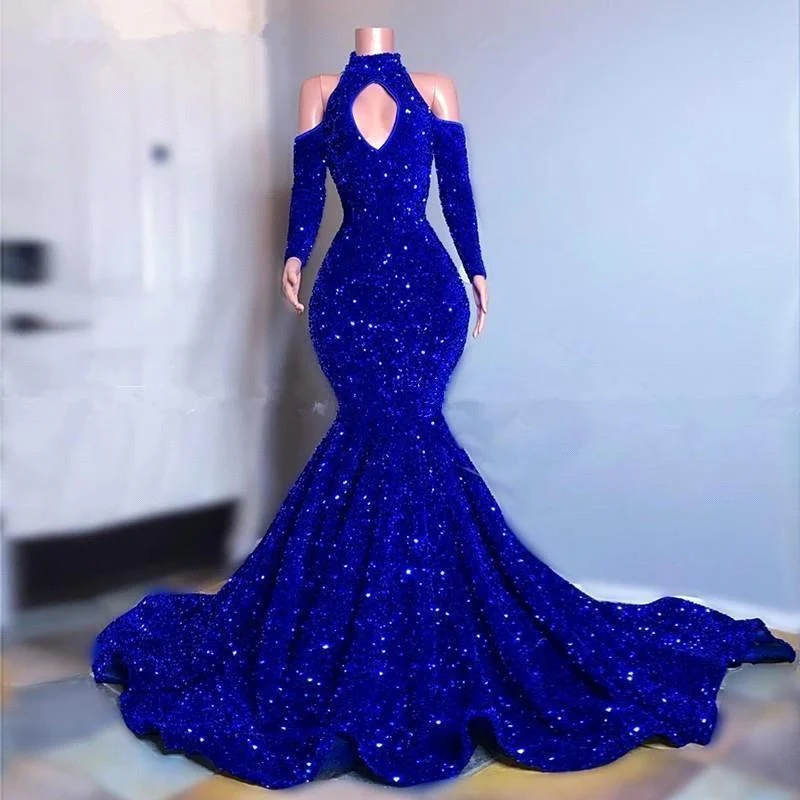 Robe de bal sirène bleu roi à manches longues, col montant et paillettes éblouissantes