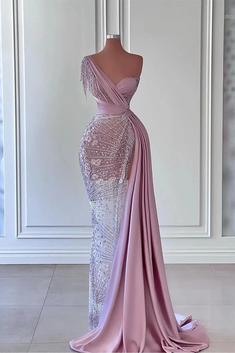 Robe de bal sirène élégante à une épaule avec fente et perles exquises