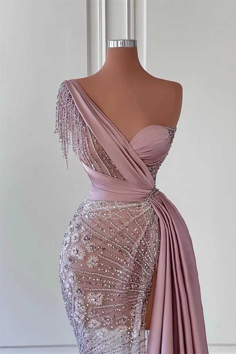 Robe de bal sirène élégante à une épaule avec fente et perles exquises