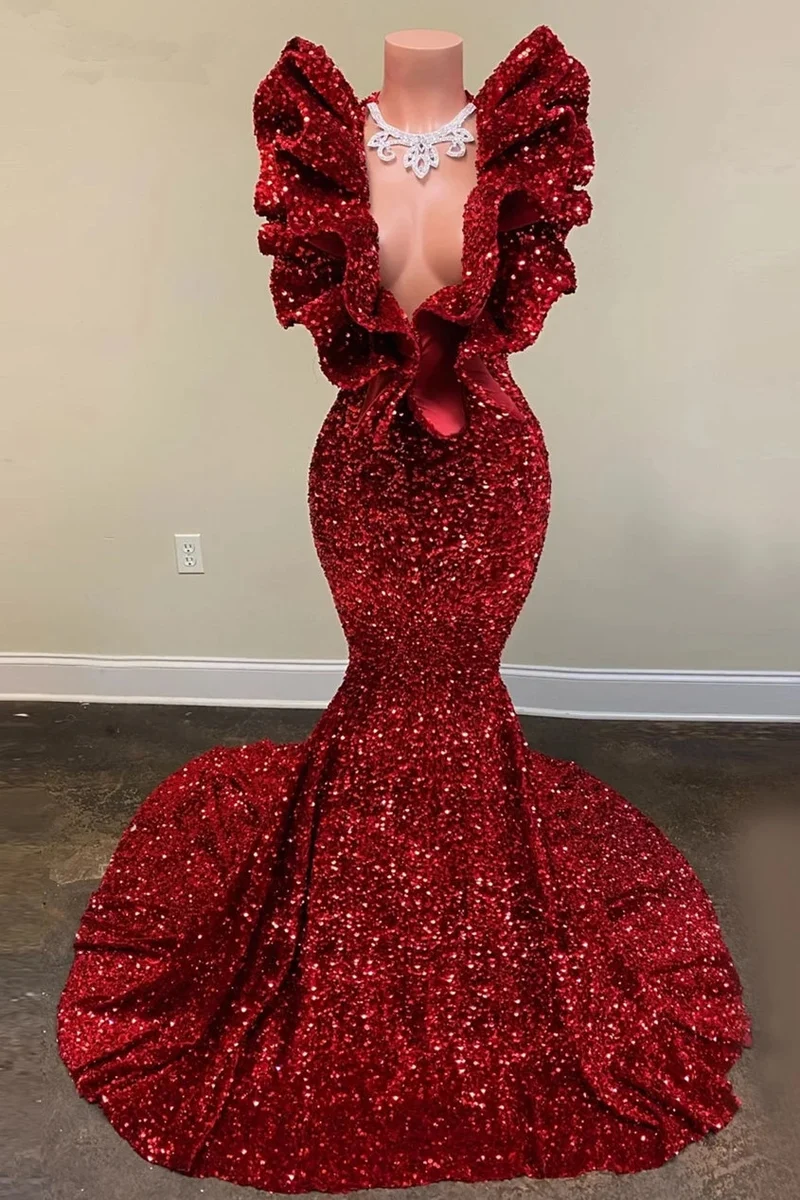 Robe de bal sirène bordeaux à paillettes brillantes : élégante robe longue sans manches à col en V