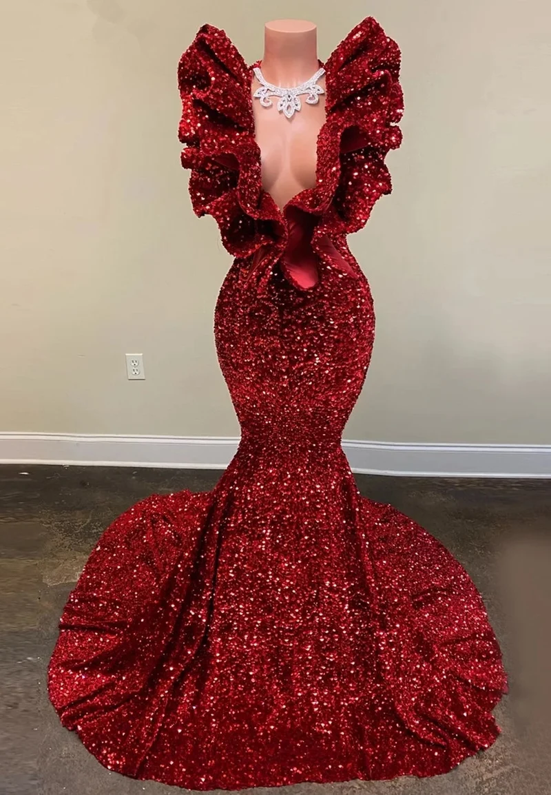 Robe de bal sirène bordeaux à paillettes brillantes : élégante robe longue sans manches à col en V