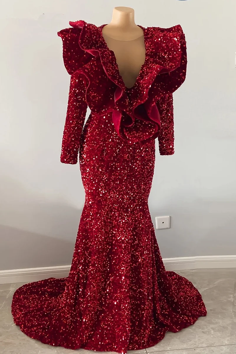Robe de bal sirène bordeaux à paillettes brillantes : élégante robe longue sans manches à col en V