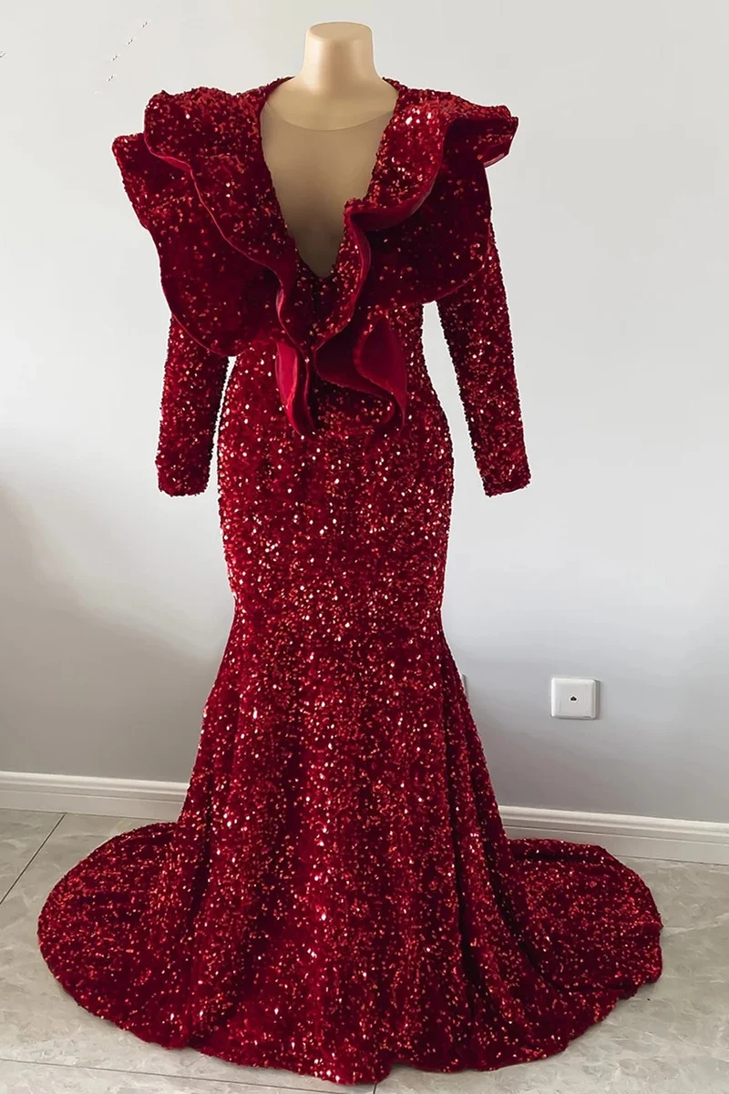 Robe de bal sirène bordeaux à paillettes brillantes : élégante robe longue sans manches à col en V