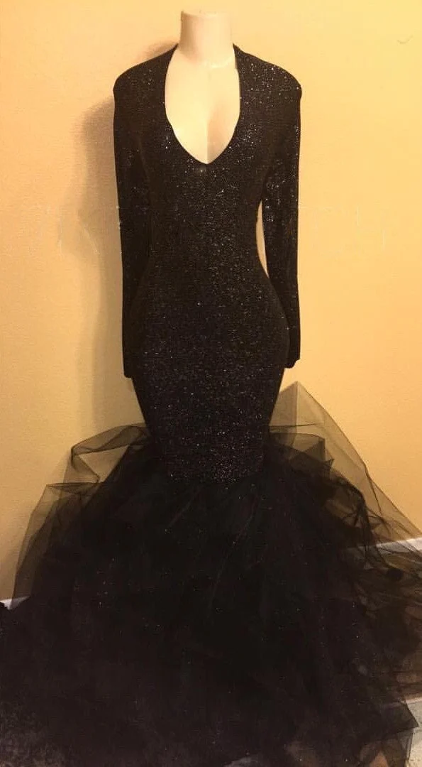 Robe de bal sirène noire élégante avec manches – Robe de soirée en tulle à paillettes pour grandes tailles