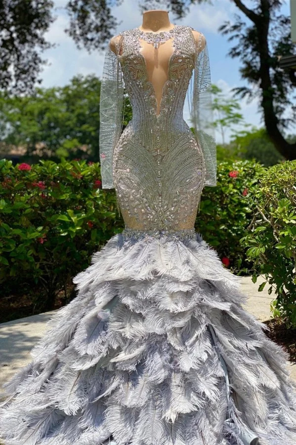 Robe de bal élégante argentée, coupe slim, manches longues, col en V, style sirène