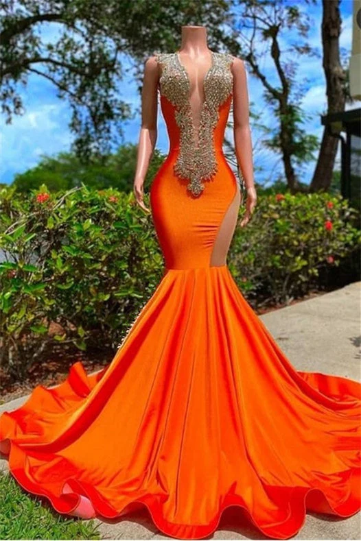 Robe de bal sirène orange vif sans manches à col en V avec appliqués élégants et traîne