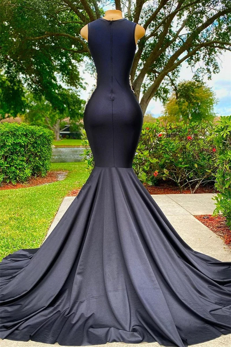 Robe de bal sirène noire élégante sans manches et sans bretelles, avec appliques, pour occasions spéciales