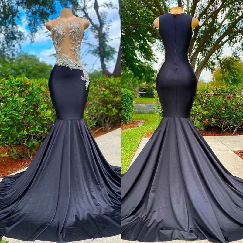 Robe de bal sirène noire élégante sans manches et sans bretelles, avec appliques, pour occasions spéciales