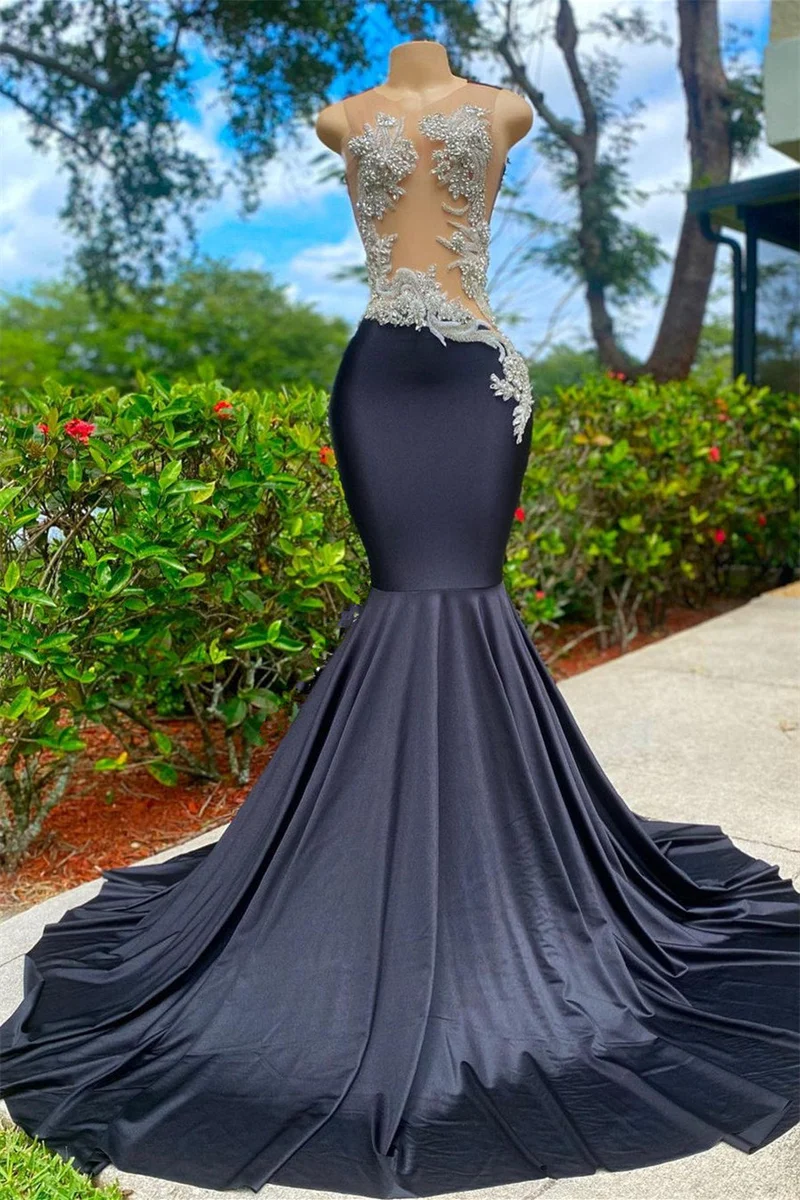 Robe de bal sirène noire élégante sans manches et sans bretelles, avec appliques, pour occasions spéciales