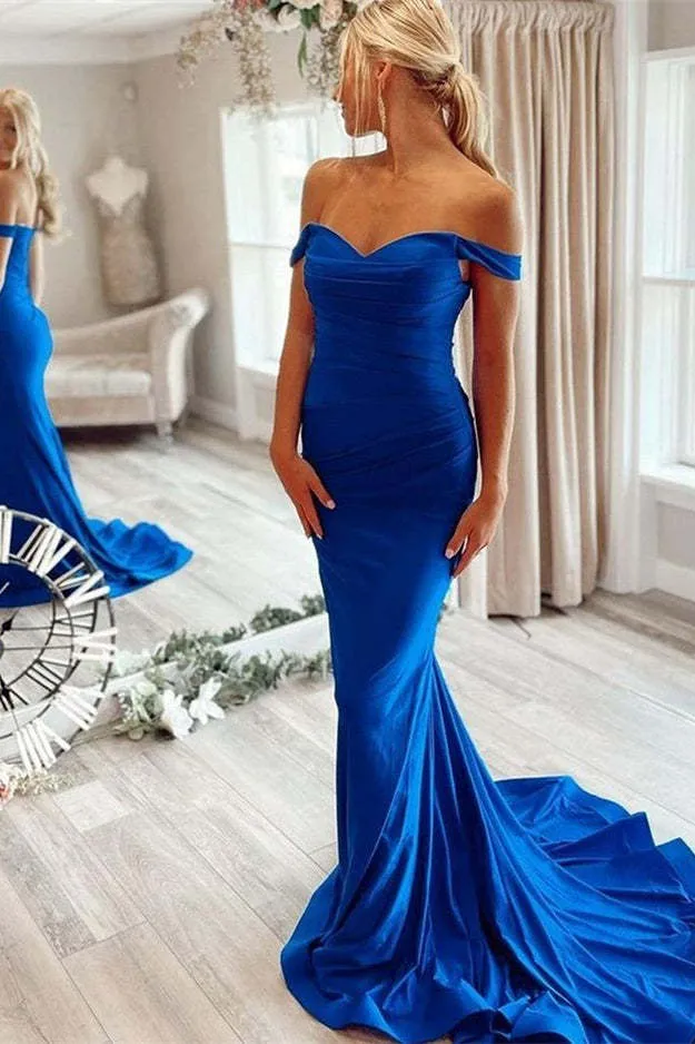 Robe de bal sirène bleu roi élégante à épaules dénudées, idéale pour les occasions spéciales