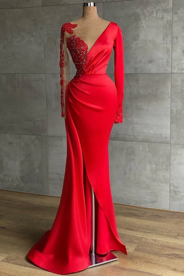 Robe de bal sirène rouge élégante à manches longues avec appliques en dentelle perlée
