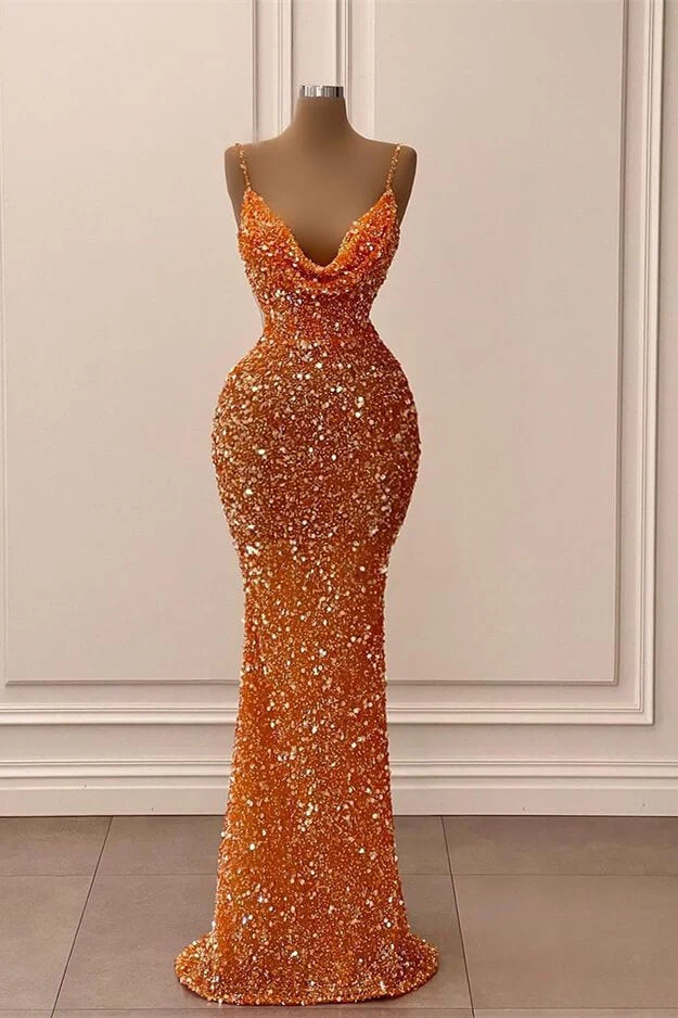 Robe de bal sirène à paillettes orange scintillantes : col en V élégant, bretelles spaghetti, coupe ajustée
