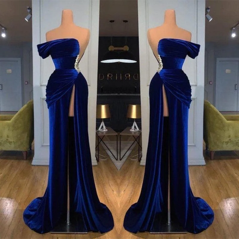 Robe de bal sirène bleu foncé à une épaule avec perles et longue fente