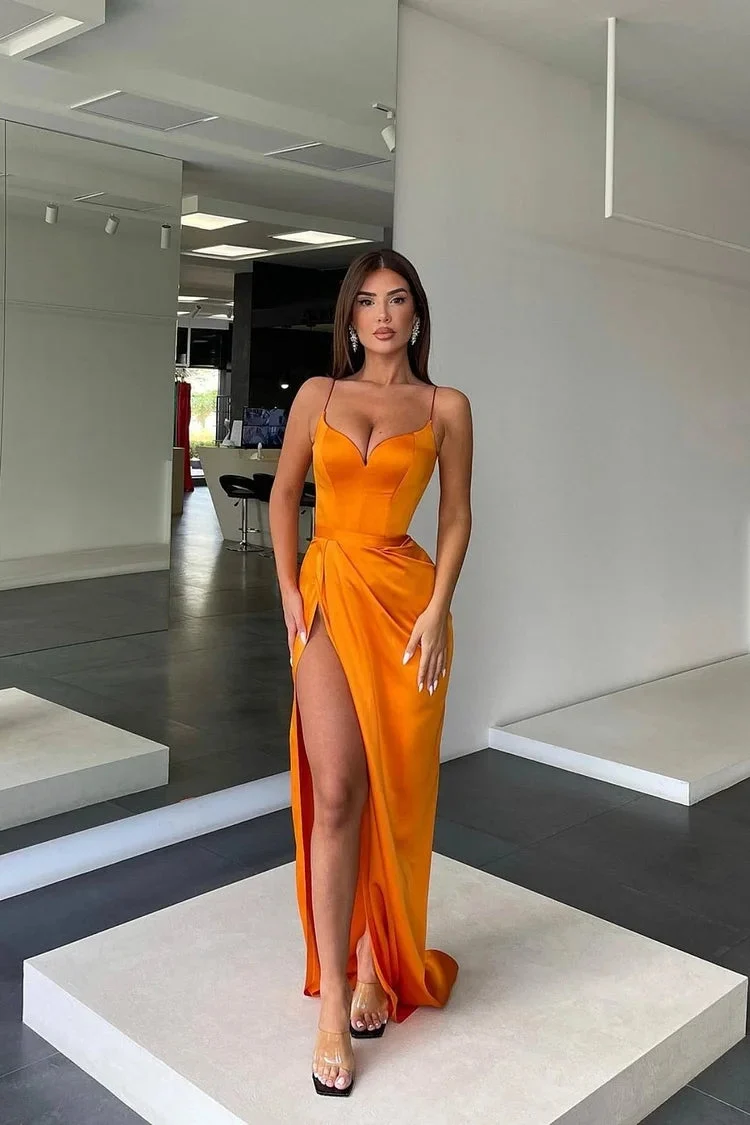 Robe de bal sans manches à bretelles spaghetti et fente, élégante robe en charmeuse
