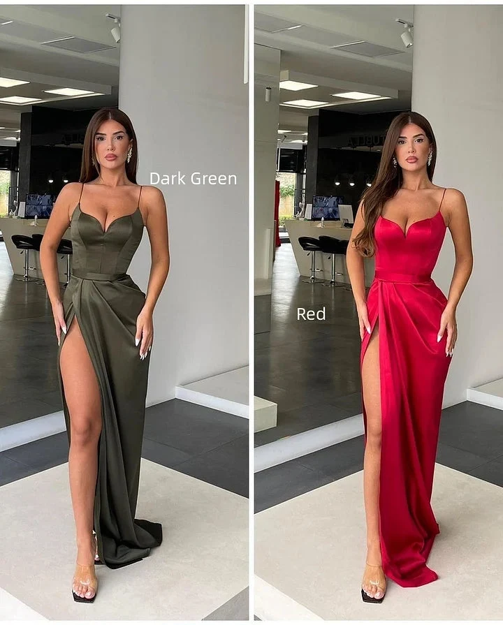 Robe de bal sans manches à bretelles spaghetti et fente, élégante robe en charmeuse