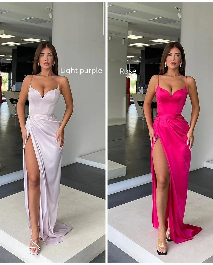 Robe de bal sans manches à bretelles spaghetti et fente, élégante robe en charmeuse