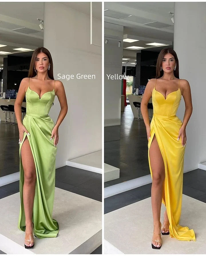 Robe de bal sans manches à bretelles spaghetti et fente, élégante robe en charmeuse