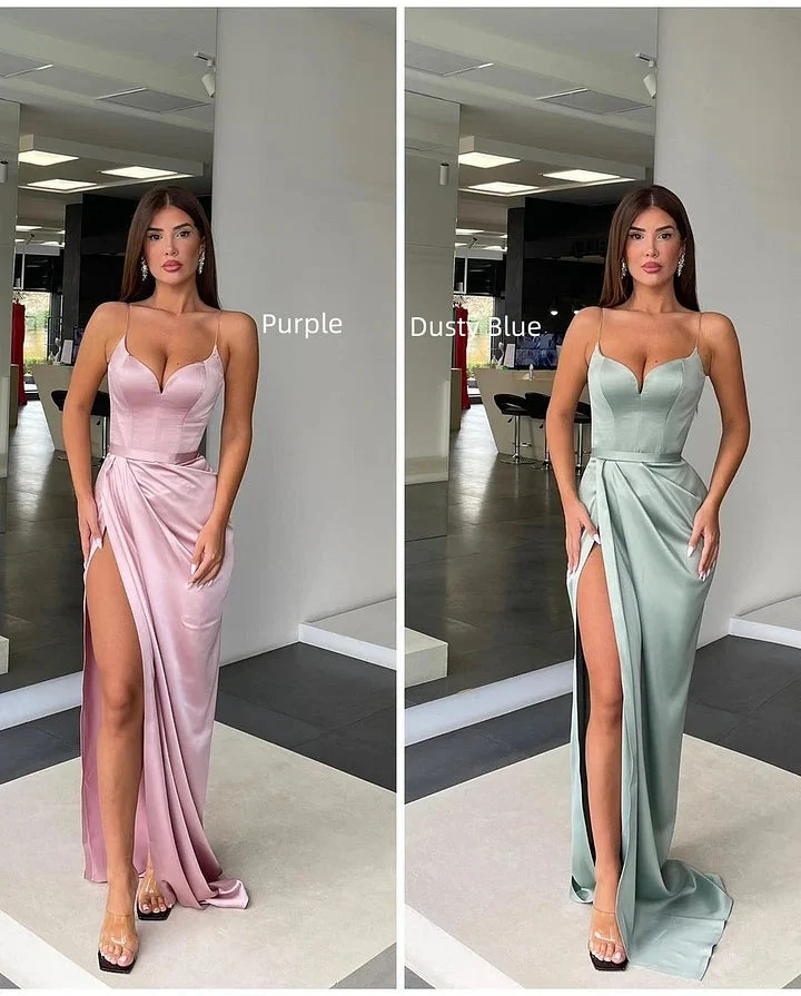 Robe de bal sans manches à bretelles spaghetti et fente, élégante robe en charmeuse