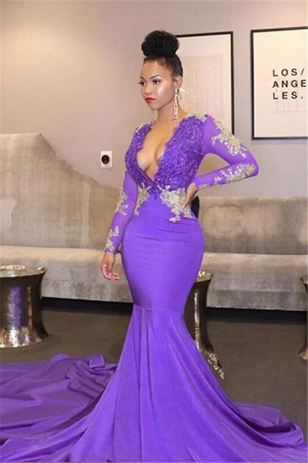 Robe de bal sirène élégante à manches longues et col en V avec appliques en dentelle