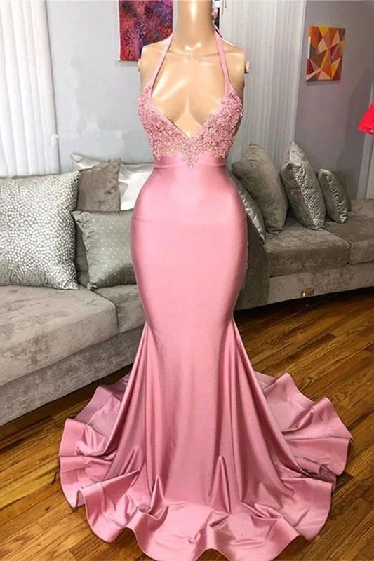 Robe de bal sirène rose élégante avec appliques en dentelle délicates et traîne