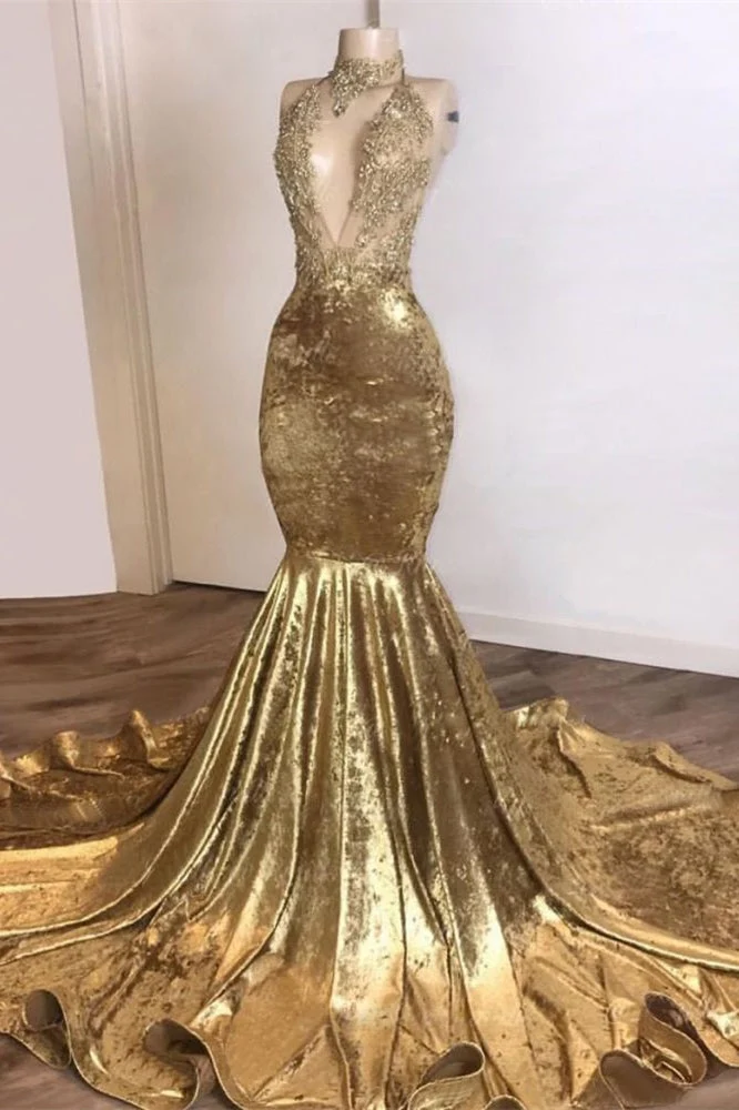 Robe de bal sirène dorée à col haut et sans manches avec appliques en dentelle
