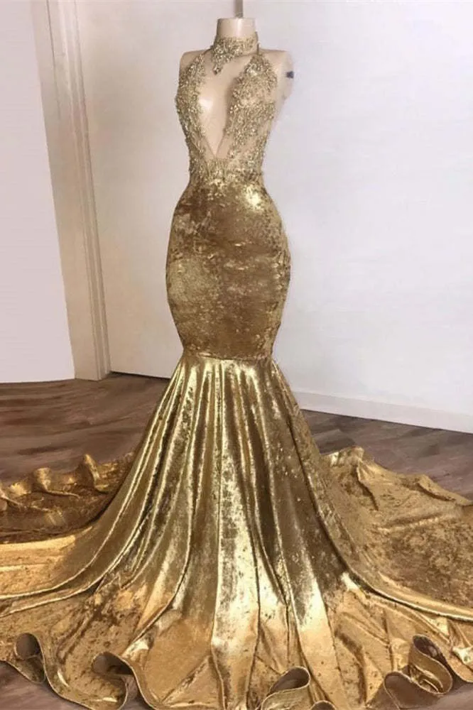 Robe de bal sirène dorée à col haut et sans manches avec appliques en dentelle
