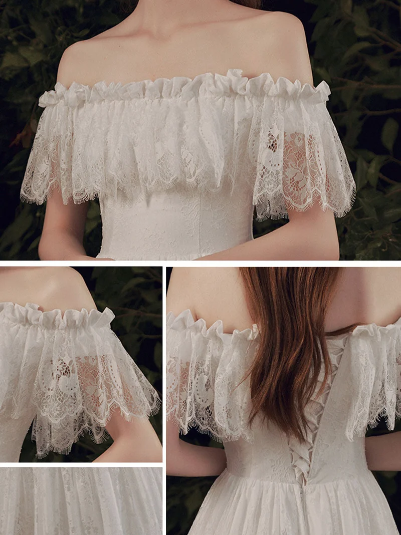 Robe de bal élégante en dentelle ivoire, longueur au sol, coupe trapèze à épaules dénudées et soutien-gorge intégré