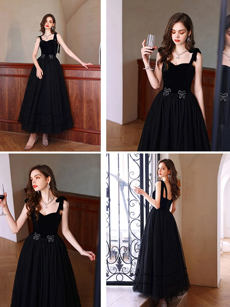 Robe de bal élégante en tulle noir, longueur au sol, décolleté en cœur et dos lacé