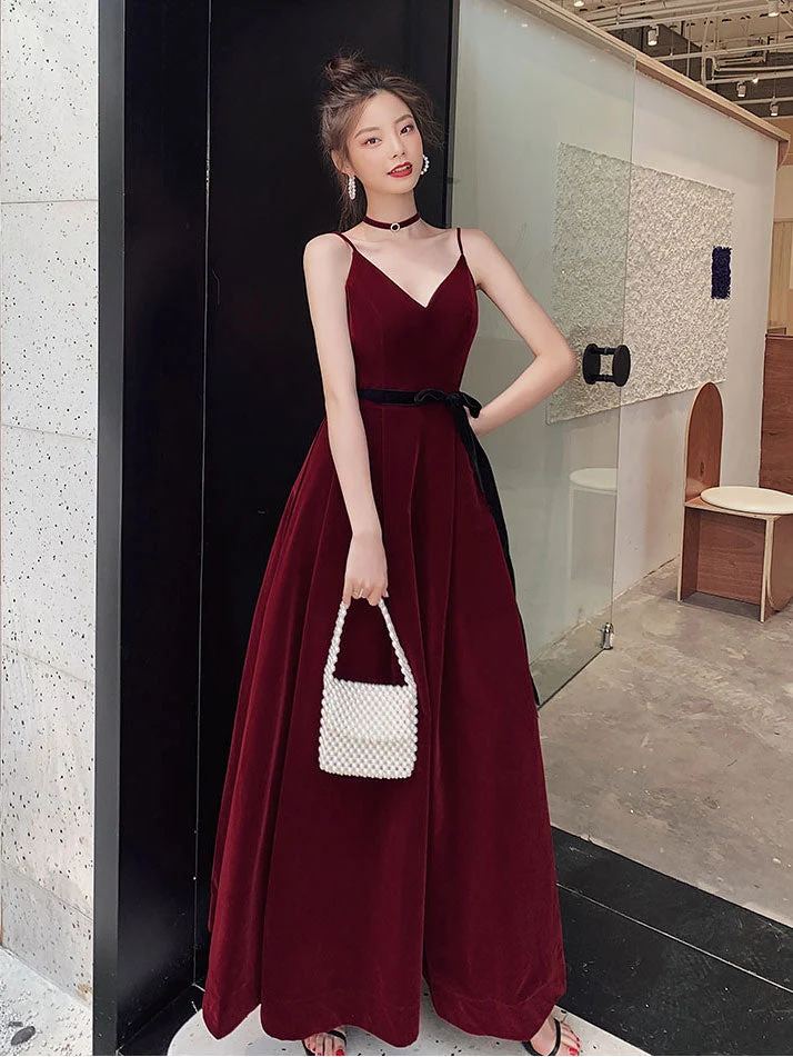 Robe de bal élégante en velours bordeaux, col en V, longueur au sol, pour les remises de diplômes et les soirées