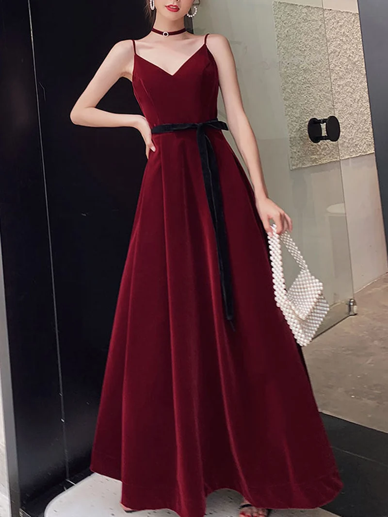 Robe de bal élégante en velours bordeaux, col en V, longueur au sol, pour les remises de diplômes et les soirées