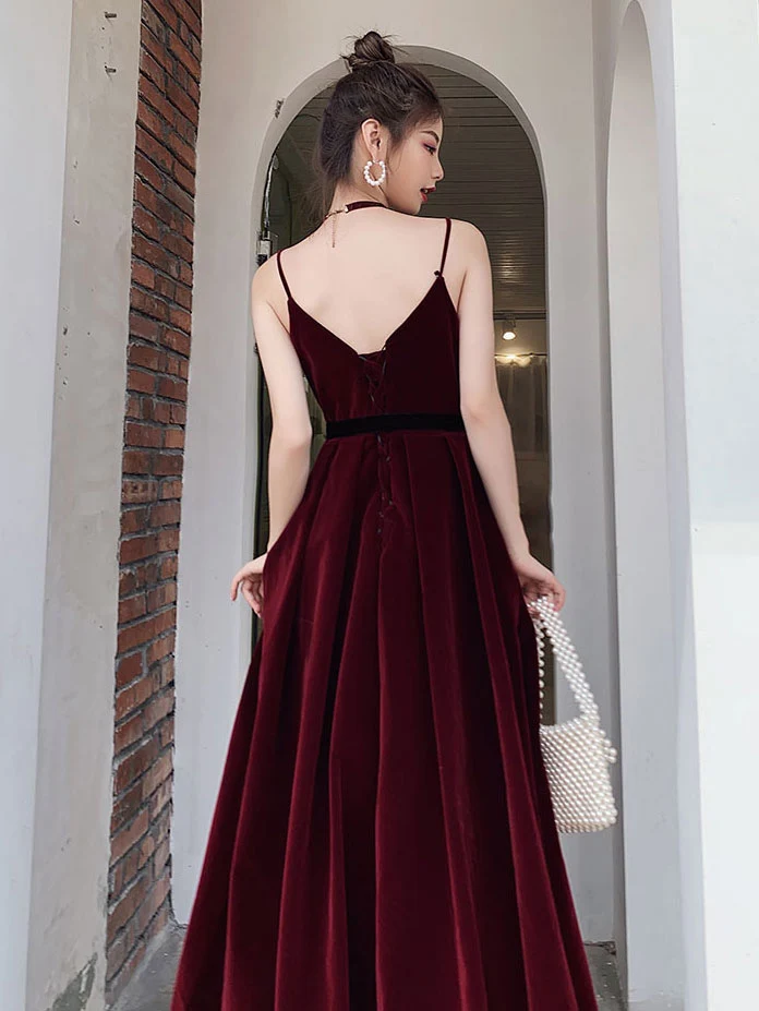 Robe de bal élégante en velours bordeaux, col en V, longueur au sol, pour les remises de diplômes et les soirées