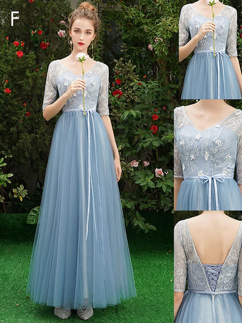Robe de bal élégante en dentelle bleue, coupe trapèze, longueur au sol, avec soutien-gorge intégré