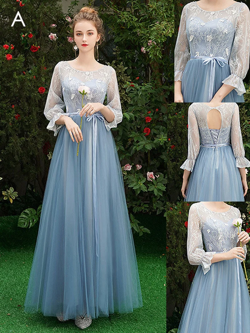 Robe de bal élégante en dentelle bleue, coupe trapèze, longueur au sol, avec soutien-gorge intégré