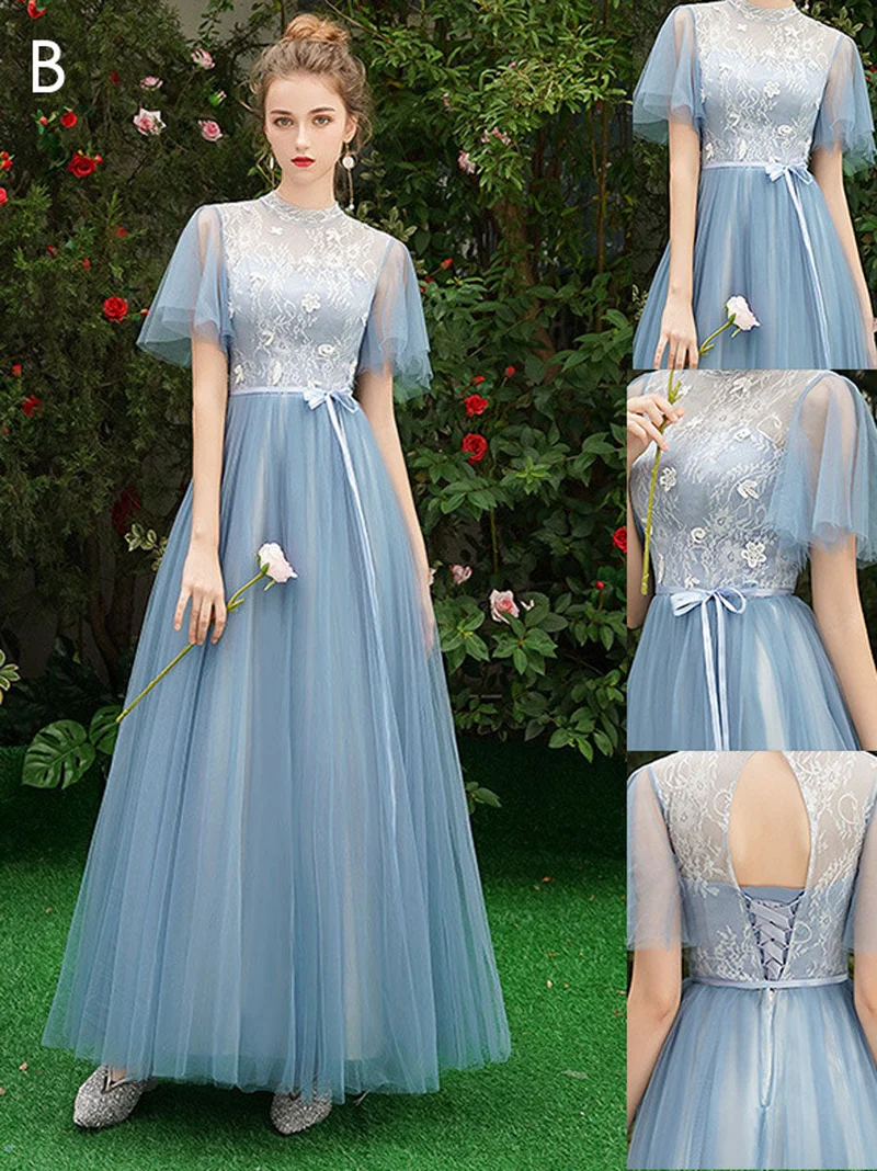 Robe de bal élégante en dentelle bleue, coupe trapèze, longueur au sol, avec soutien-gorge intégré