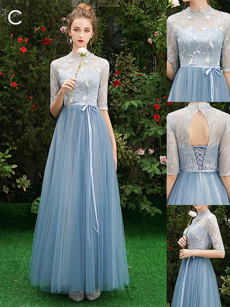 Robe de bal élégante en dentelle bleue, coupe trapèze, longueur au sol, avec soutien-gorge intégré
