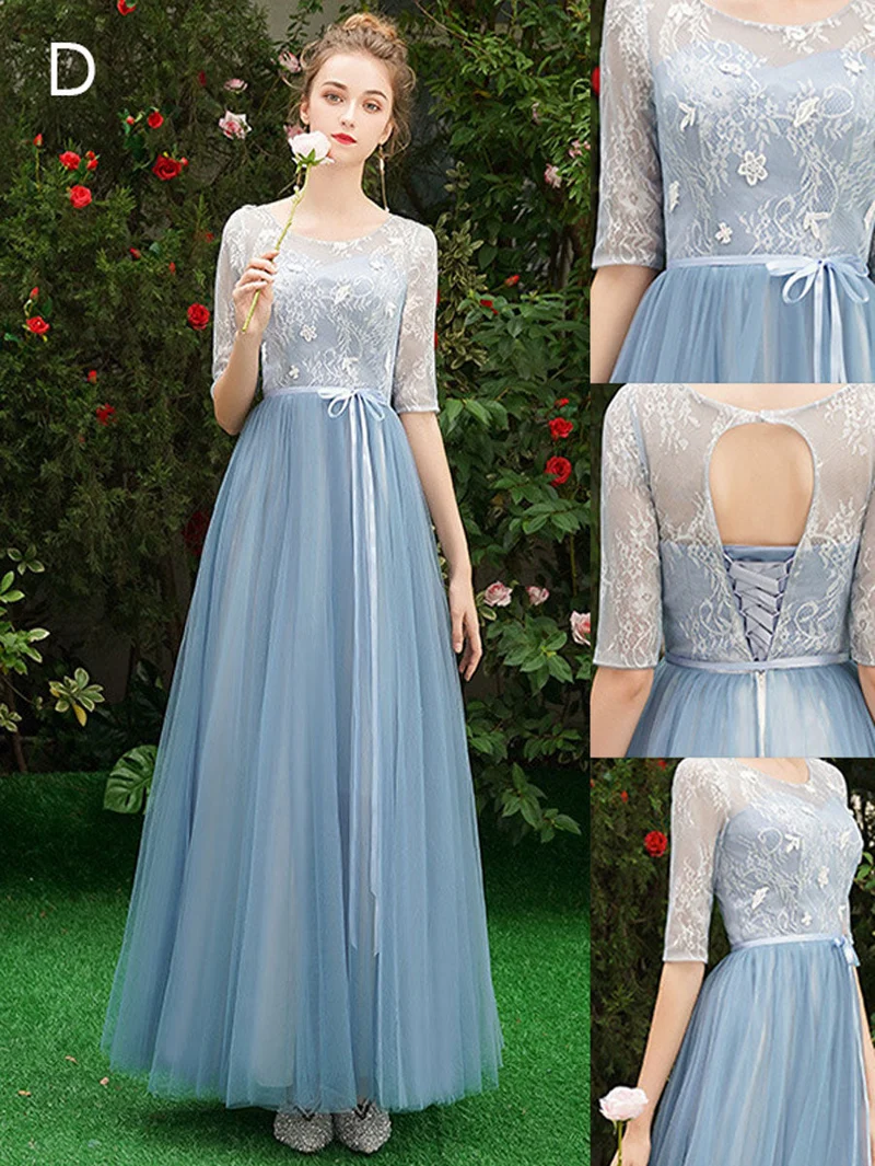 Robe de bal élégante en dentelle bleue, coupe trapèze, longueur au sol, avec soutien-gorge intégré