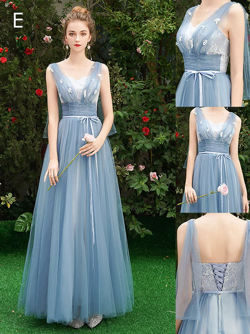 Robe de bal élégante en dentelle bleue, coupe trapèze, longueur au sol, avec soutien-gorge intégré