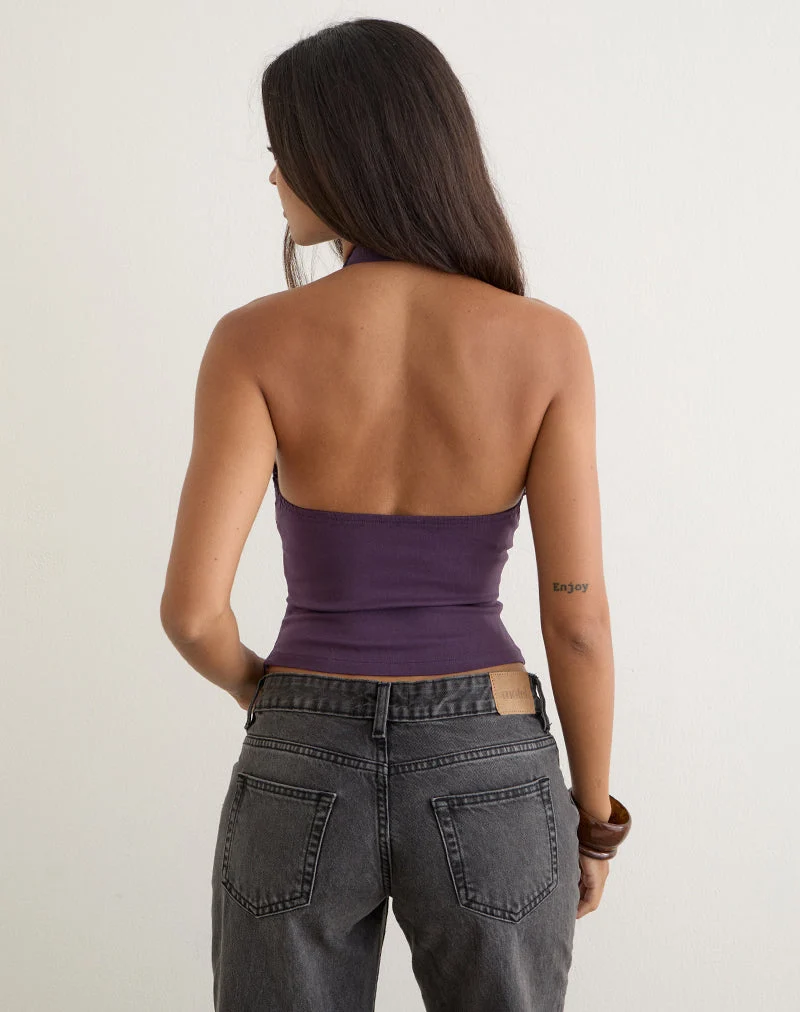 Haut dos nu Orvio, couleur violet foncé, avec bordure brodée de paillettes