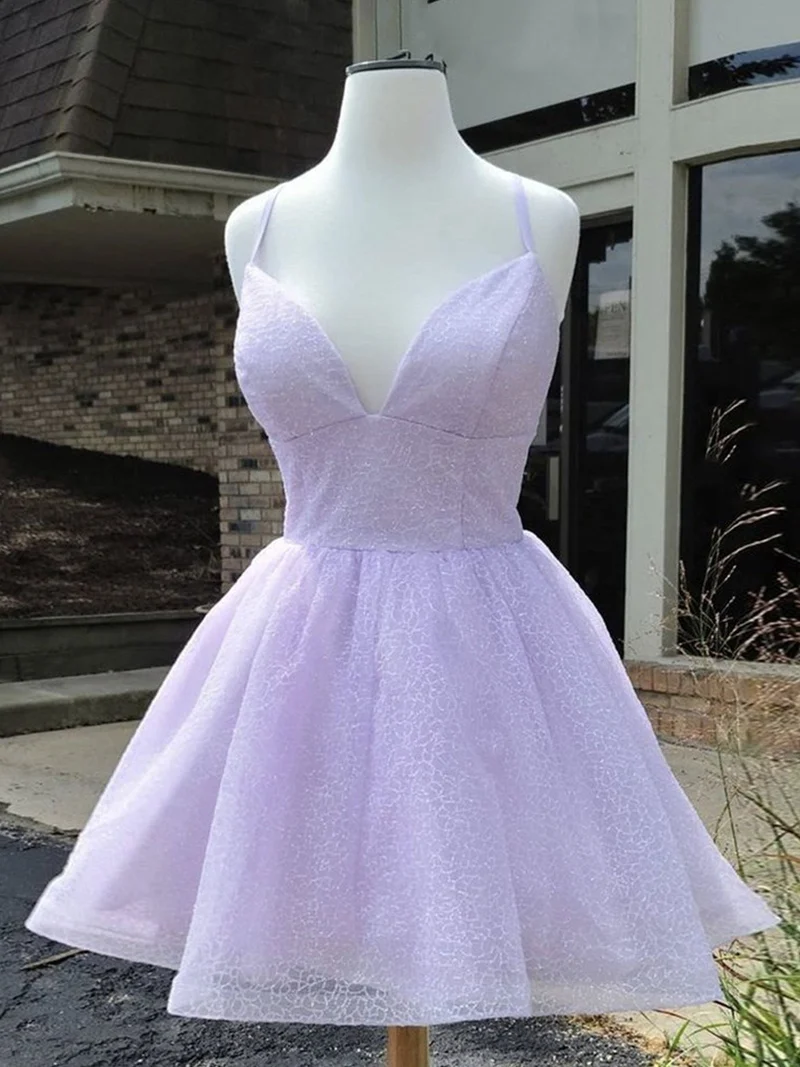 Robe de bal courte en tulle violet, élégante et simple, à col en V, pour le retour à la maison