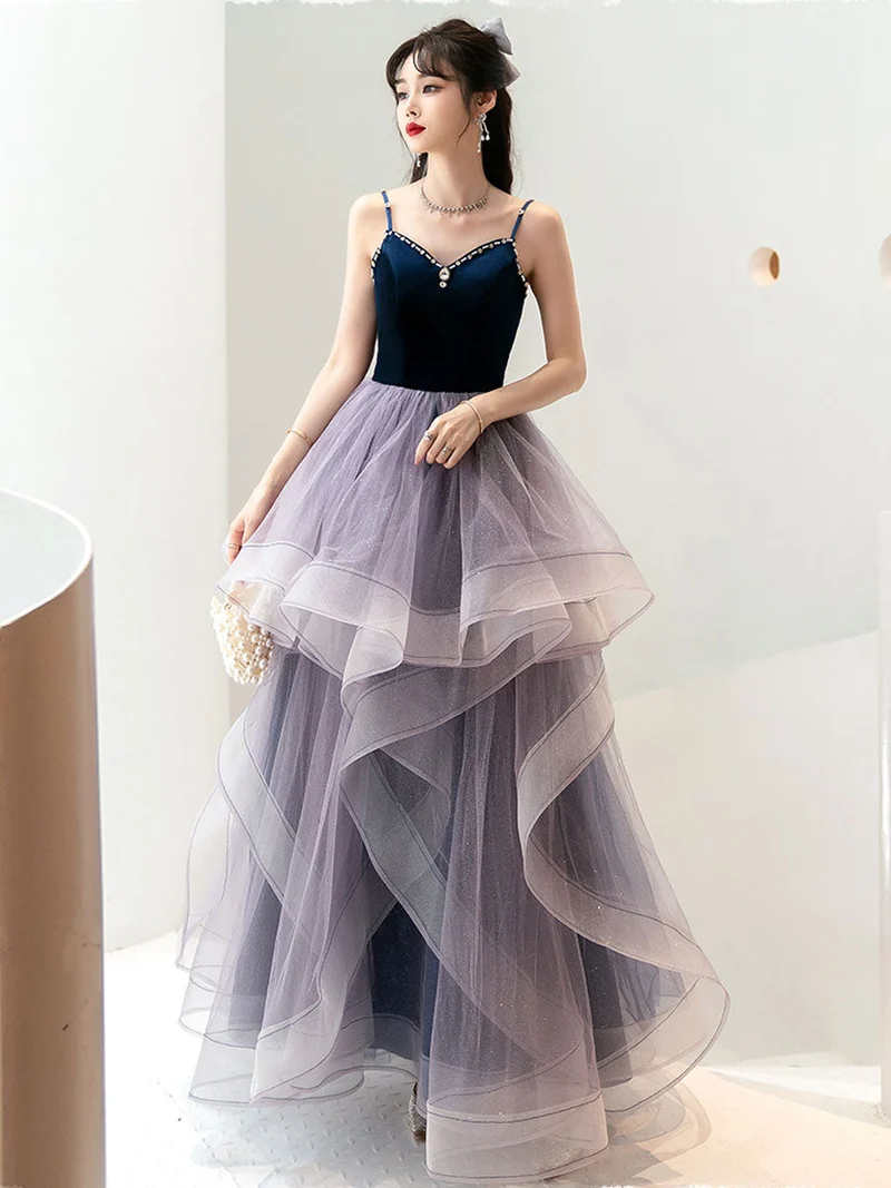 Robe de bal élégante en tulle violet à col en cœur et longueur au sol pour les remises de diplômes