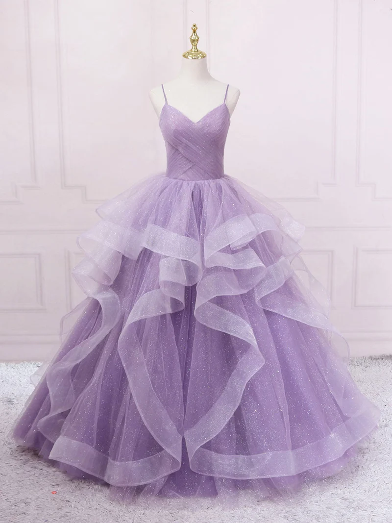 Robe de bal élégante violette à col en V et paillettes, longueur au sol