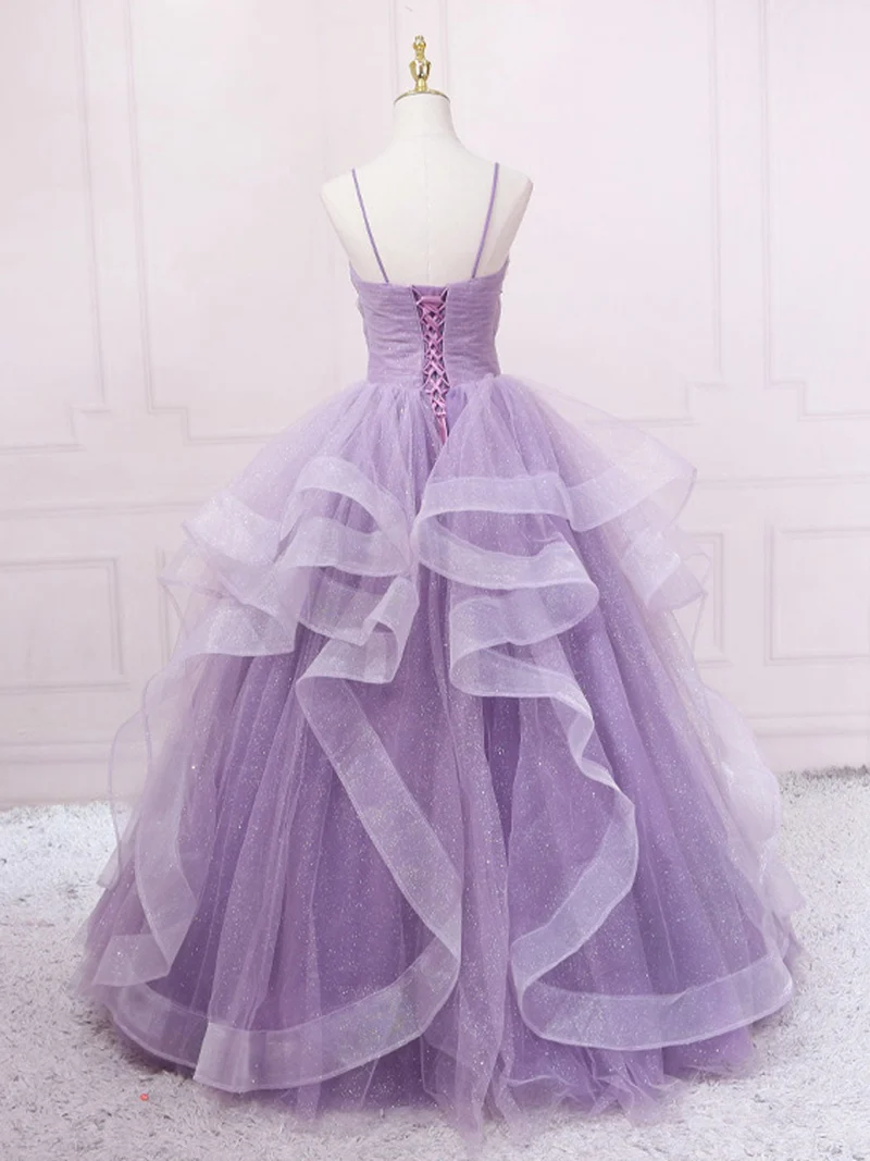 Robe de bal élégante violette à col en V et paillettes, longueur au sol