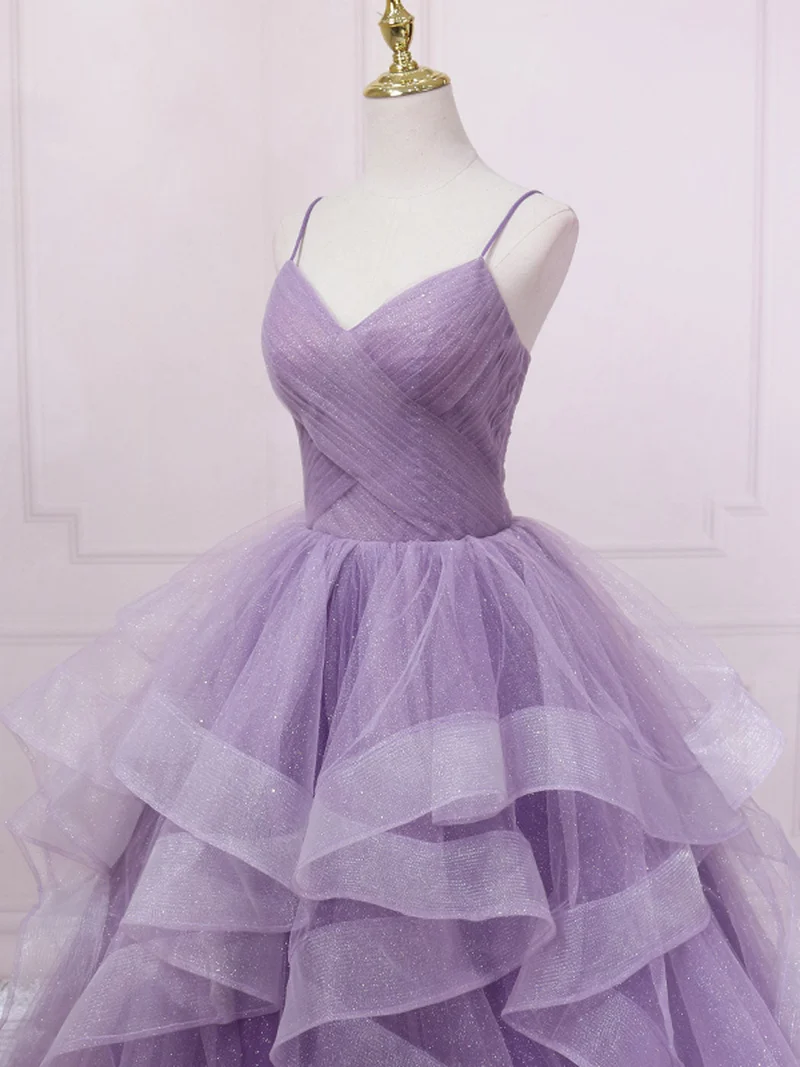 Robe de bal élégante violette à col en V et paillettes, longueur au sol