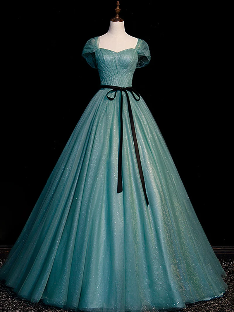 Robe de soirée élégante en tulle vert à paillettes, longueur au sol