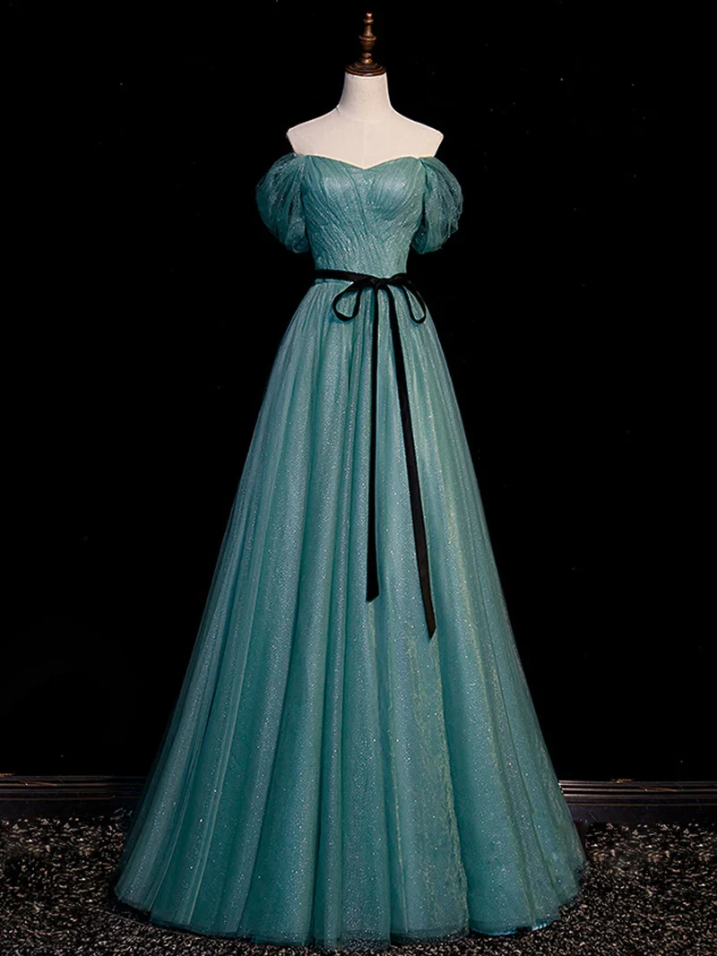 Robe de soirée élégante en tulle vert à paillettes, longueur au sol