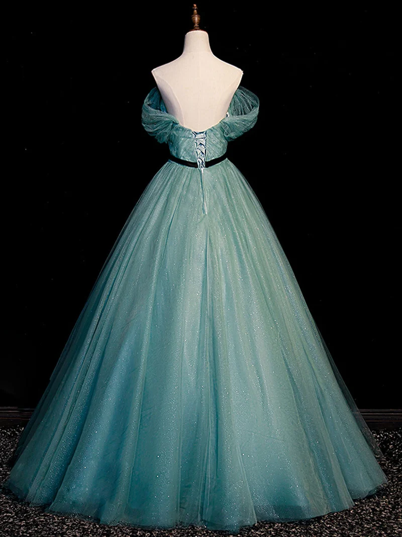 Robe de soirée élégante en tulle vert à paillettes, longueur au sol