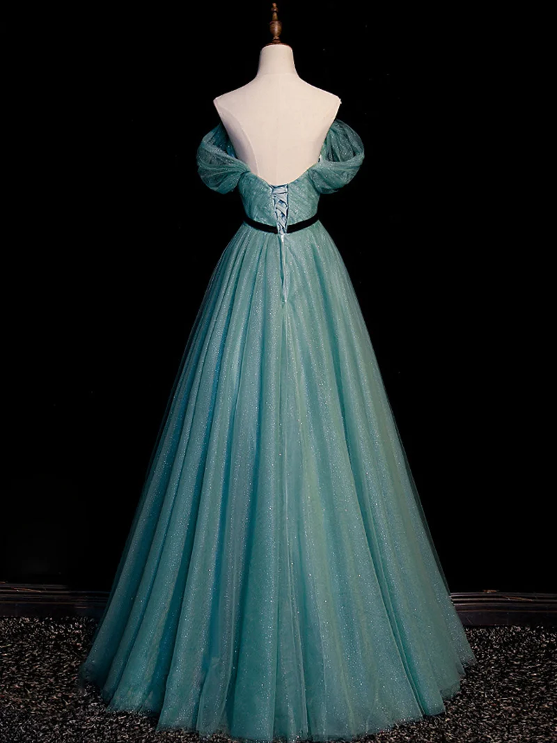 Robe de soirée élégante en tulle vert à paillettes, longueur au sol