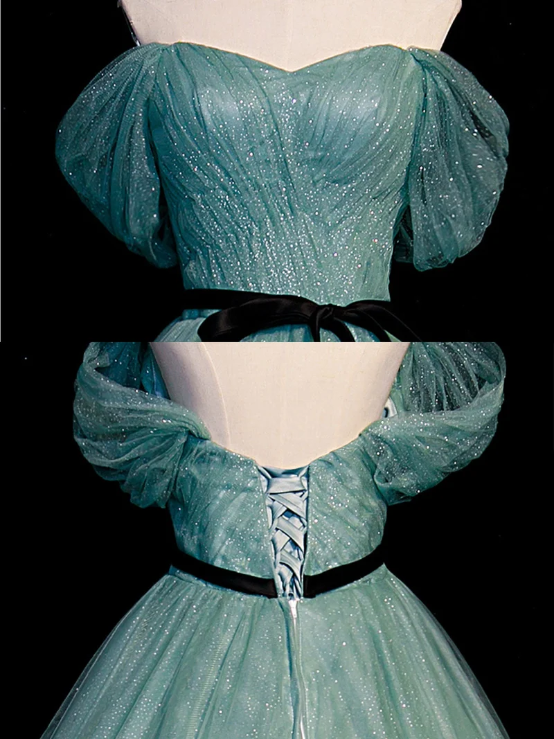 Robe de soirée élégante en tulle vert à paillettes, longueur au sol