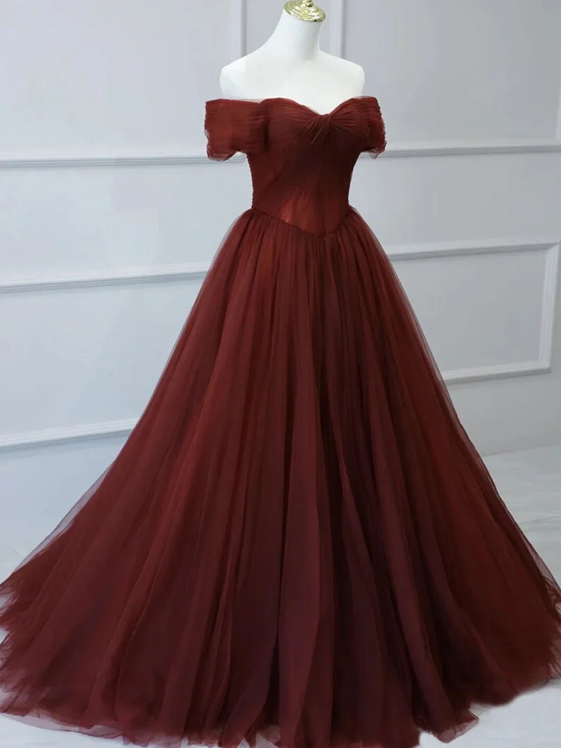 Superbe robe de bal bordeaux trapèze en tulle, longueur au sol, avec dos lacé